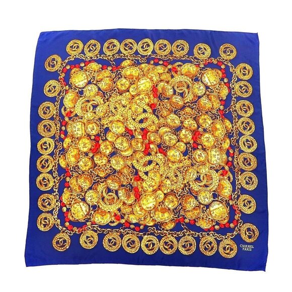 Authentic CHANEL Silk Scarf CC Medallion Coins Chains Gold Blue Vintage - Picture 1 of 5